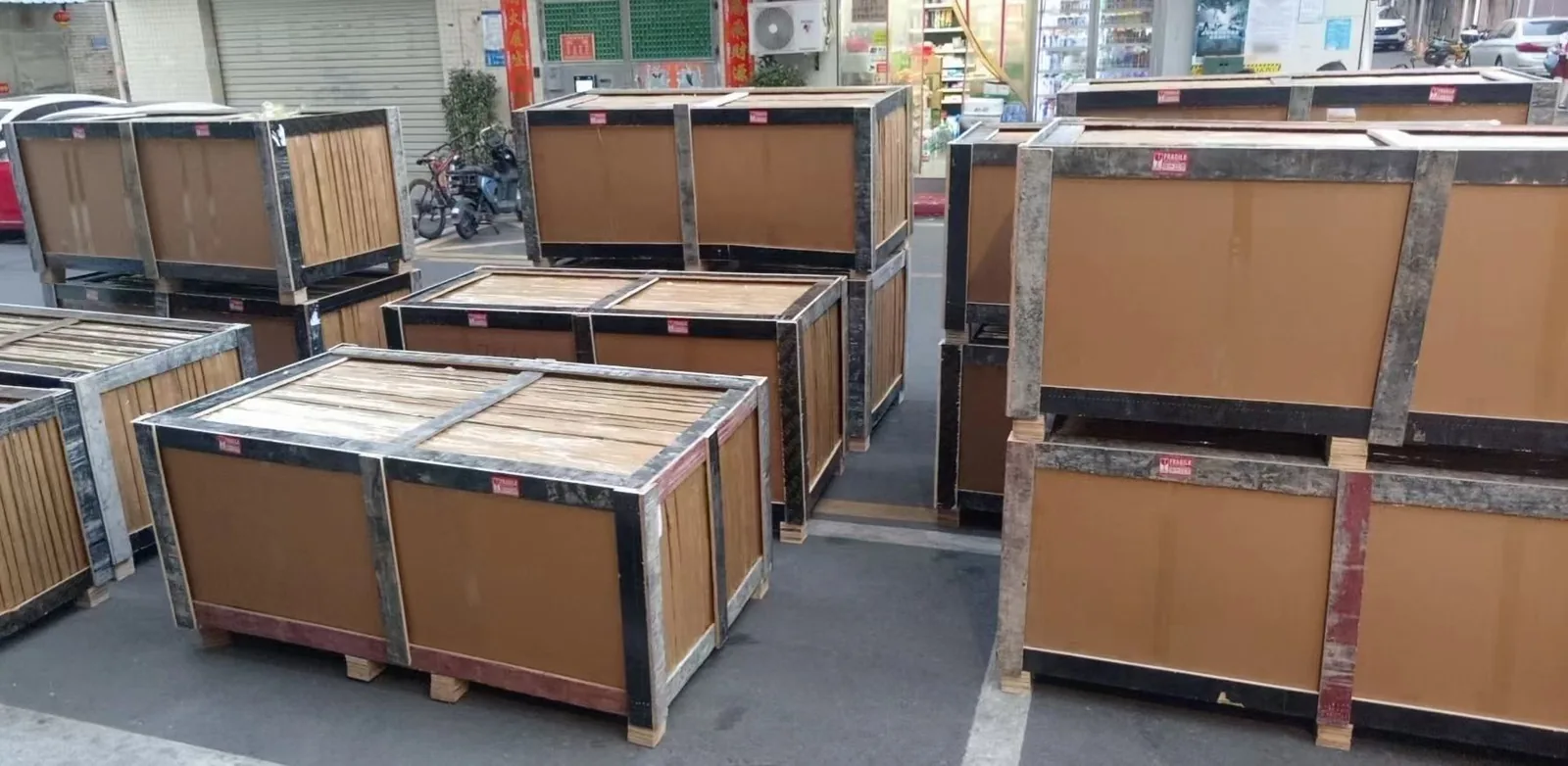 Finished wooden export crates ready for coordinated pickup